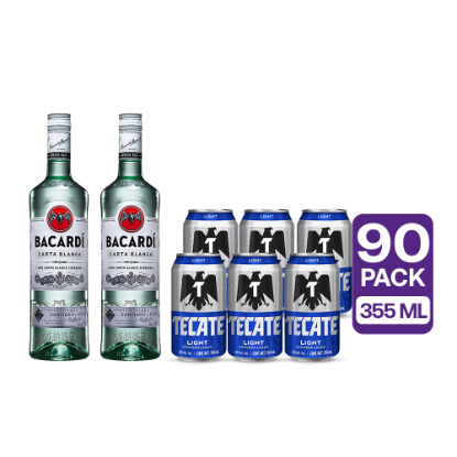 Imagen de 90 Tecate Light Lata 355 ml + 2 Bacardí Blanco Ron 750 ml